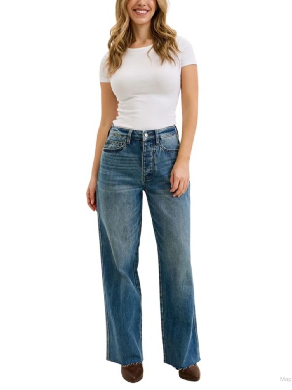 High Waist Baggy Wide Leg Rigid Denim Jeans Raw Hem Relaxed Fit